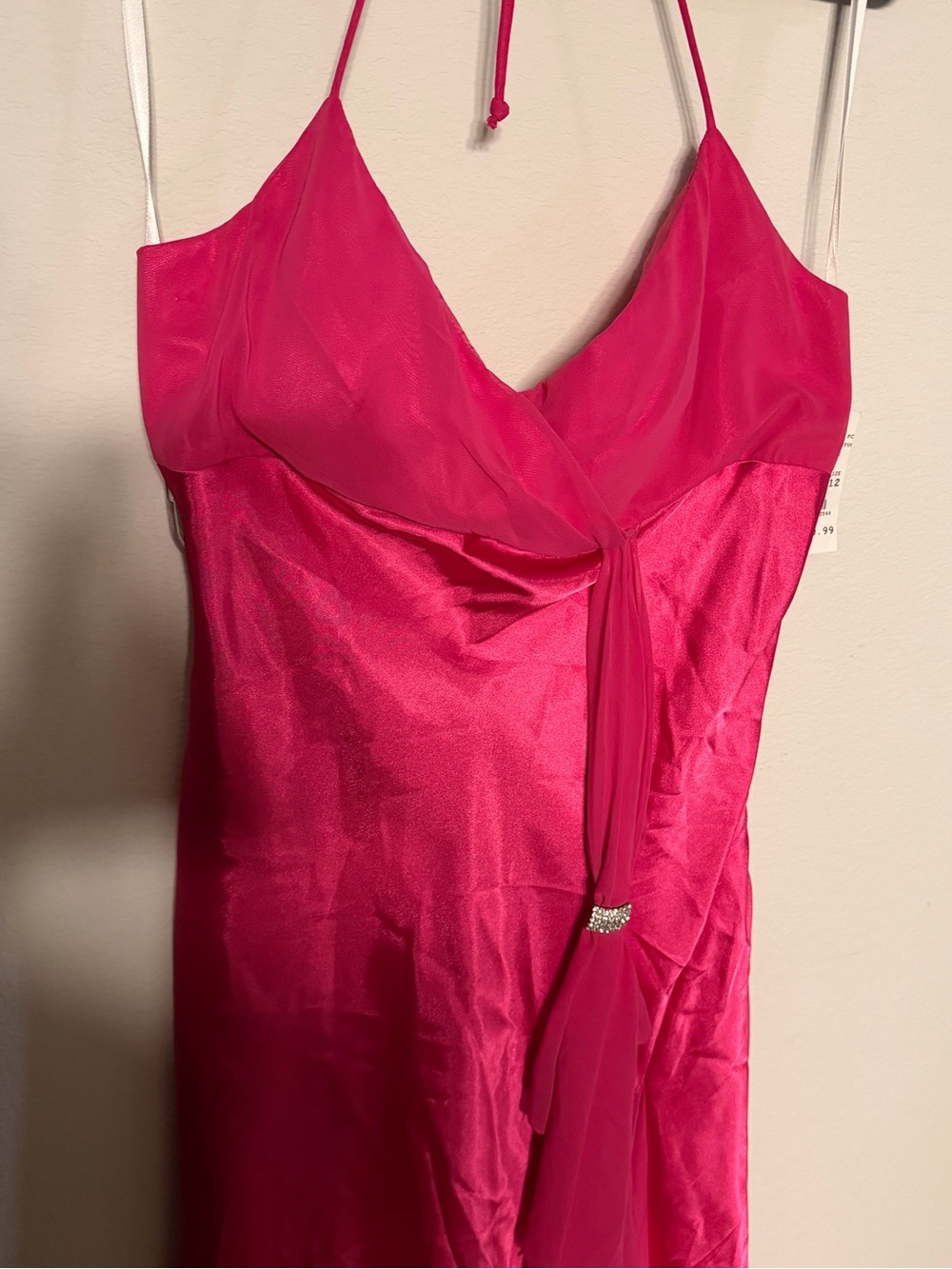 Hot Pink Halter Satin Evening Dress - Picture 3 of 5